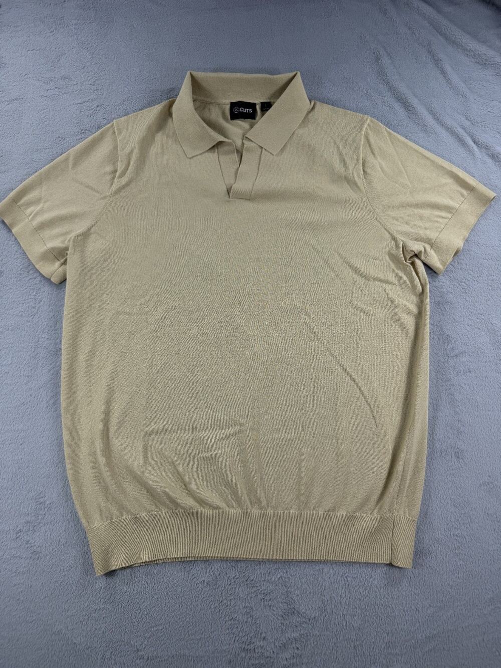 Cuts Mens Large Tan Beige Knit Polo Shirt Short Sleeve Jersey Knit Spread Collar